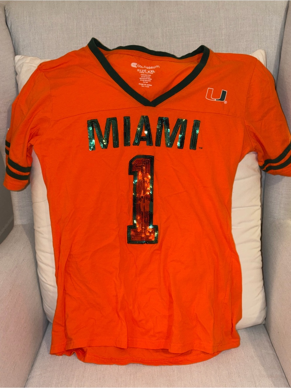 Miami Hurricanes Orange Sequin '1' Women’s V-Neck Shirt